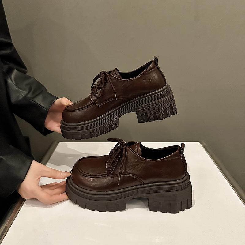 

Platform leather small leather shoes women s 2025 spring new thick heel lace-up heightening skirt jk loafers Mary Jane shoes 35 коричневый