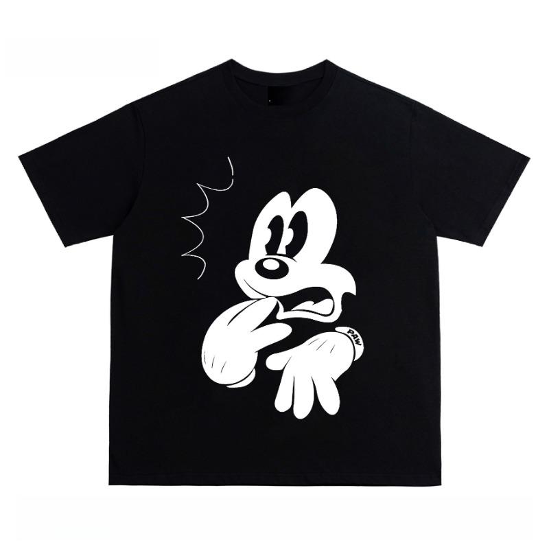 MINISO 2025 New Creative Black and White Mickey Print Women Men Couple Tshirt Casual Loose Y2K Round Neck Womens Top