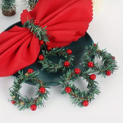 6 Stück Festliche Tannenzapfenform Weihnachts-Serviettenringe Handgeflochtene Nadel-Serviettenringe mit Beeren-Kerzenkranz-Design