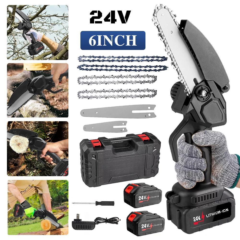 6 Inch Mini Electric Chainsaw Handheld Portable Rechargeable Lithium Garden Woodworking Electric Chainsaw Cutting Power Tool