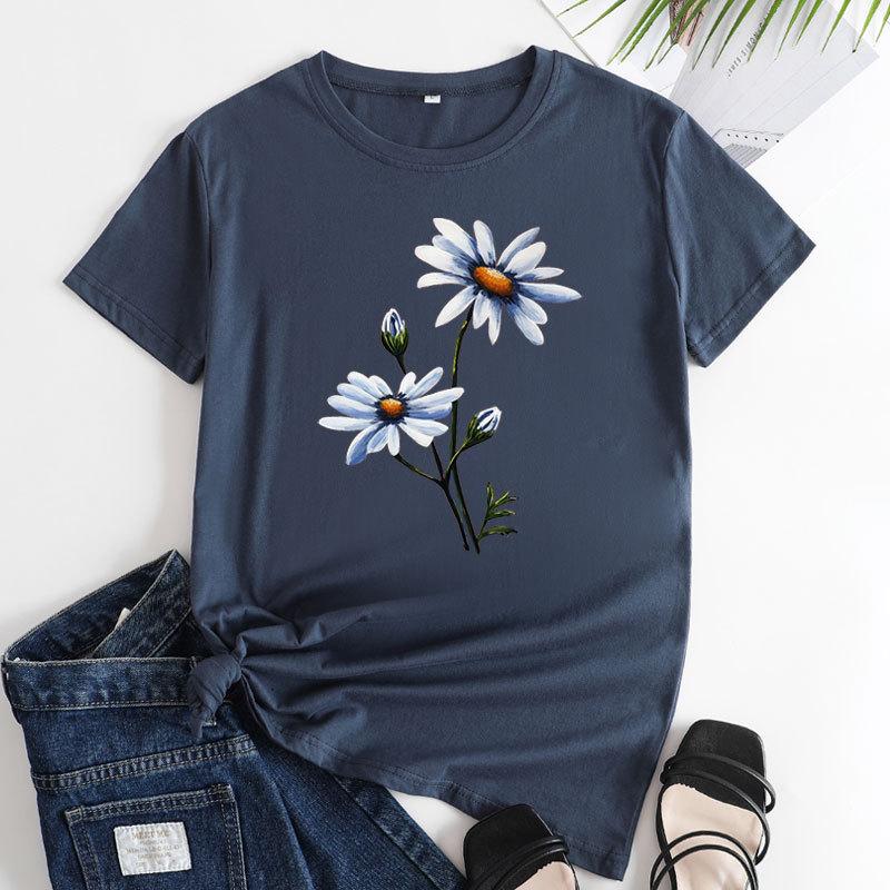 

Летняя женская одежда с цветочным принтом из чистого хлопка, свободные повседневные футболки с круглым вырезом больших размеров с короткими рукавами для женщин S темно-синий