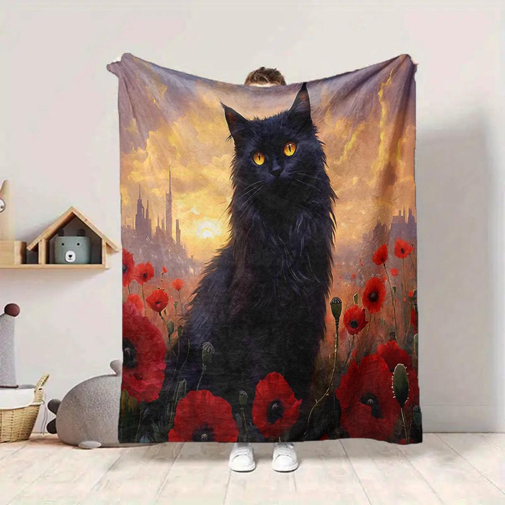 1pc Cat Flowers Blanket, Lightweight Flannel Throw Blanket For Sofa, Bed, Travel, Camping, Living Room, Office, Couch, Chair, And Bed