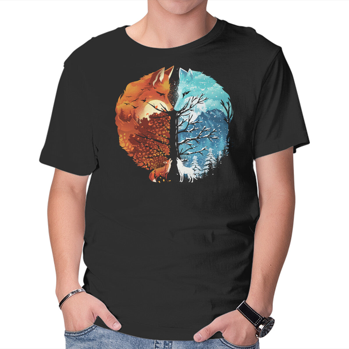 Unisex Crew Neck T-Shirt Fire And Ice Graphic Short Sleeve Casual Tee S