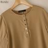 ZANZEA Women Casual Round Neck Solid Color 3/4 Sleeve Loose Blouse