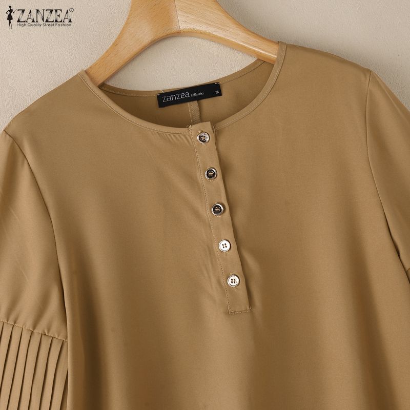 ZANZEA Women Casual Round Neck Solid Color 3/4 Sleeve Loose Blouse