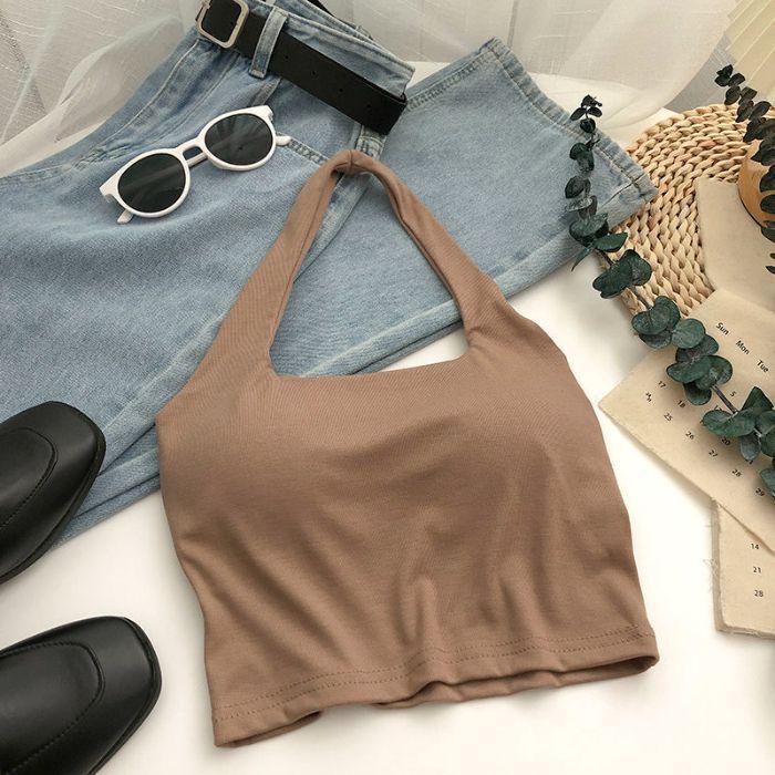 Korejský šikový top s halterneckem: Letní trendy top slim fit s hrudní vložkou
