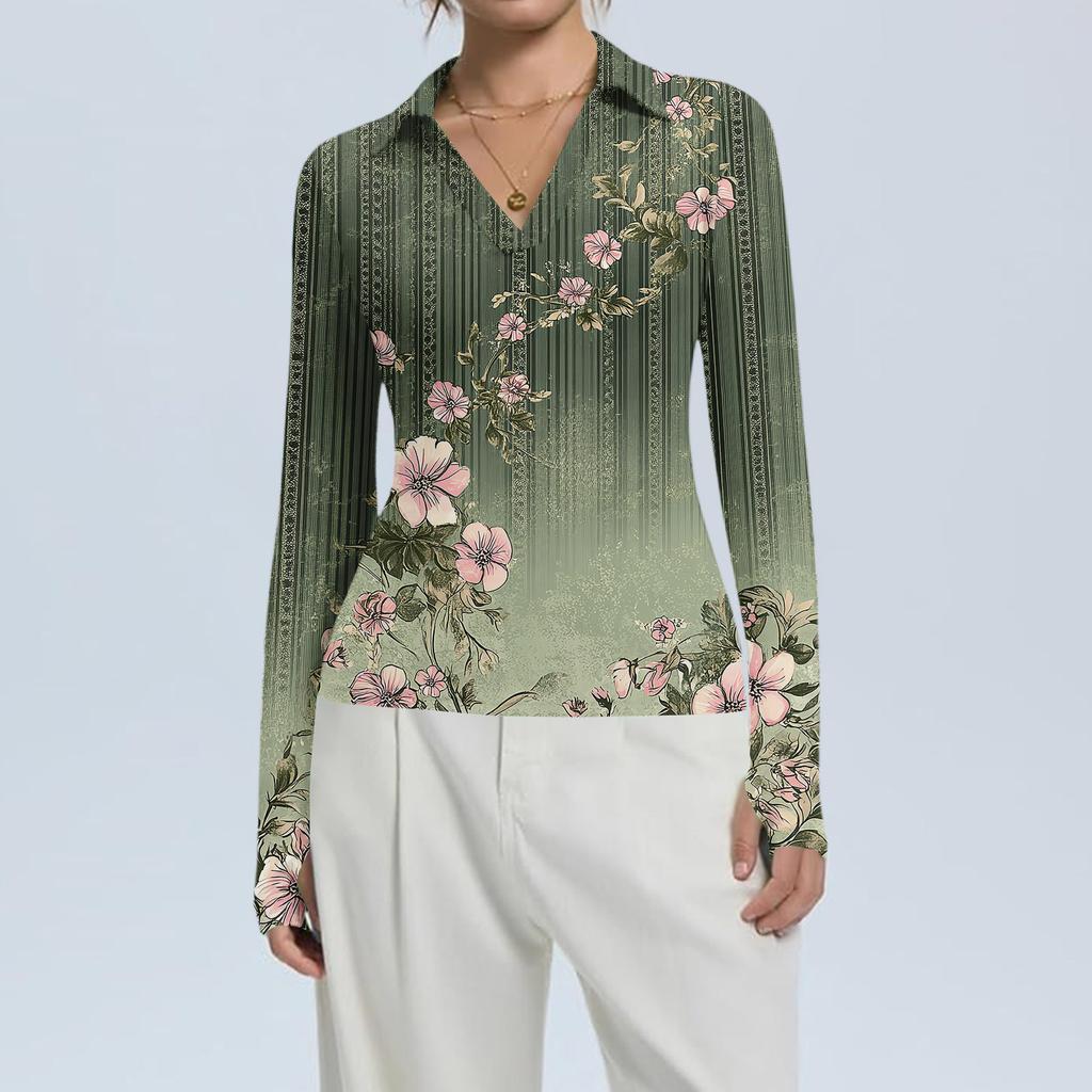 Women's Fashion Casual Print V-Neck Long Sleeve Button-Down Top