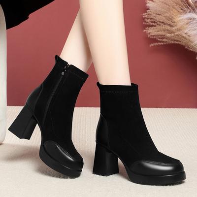 Mode Damenstiefel dicker Absatz eckige Spitze kurze Stiefel Damen Frühling und Herbst Einzelstiefel weiches Leder dünne Stiefel mittlerer Absatz Martin Stiefel Damen
