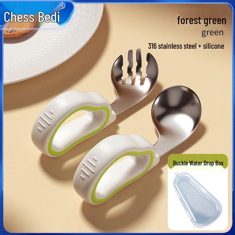 Infant Training Silicone Spoon & Fork Set - Stainless Steel, Short Handle, Bent Head for Learning To Eat