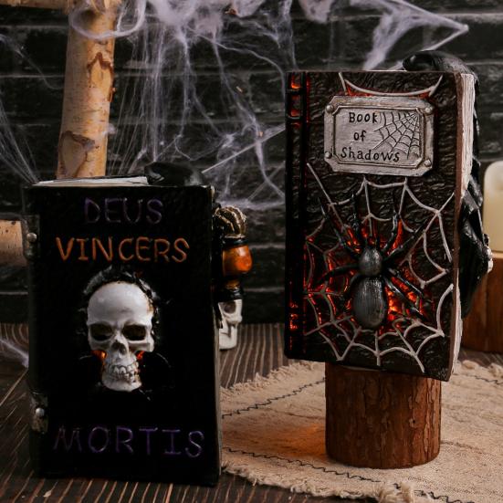 Halloween Skull Book Statue Spooky Resin Skull Spider Web Book Figurine with Grim Reaper Gothic Home Tabletop Decor