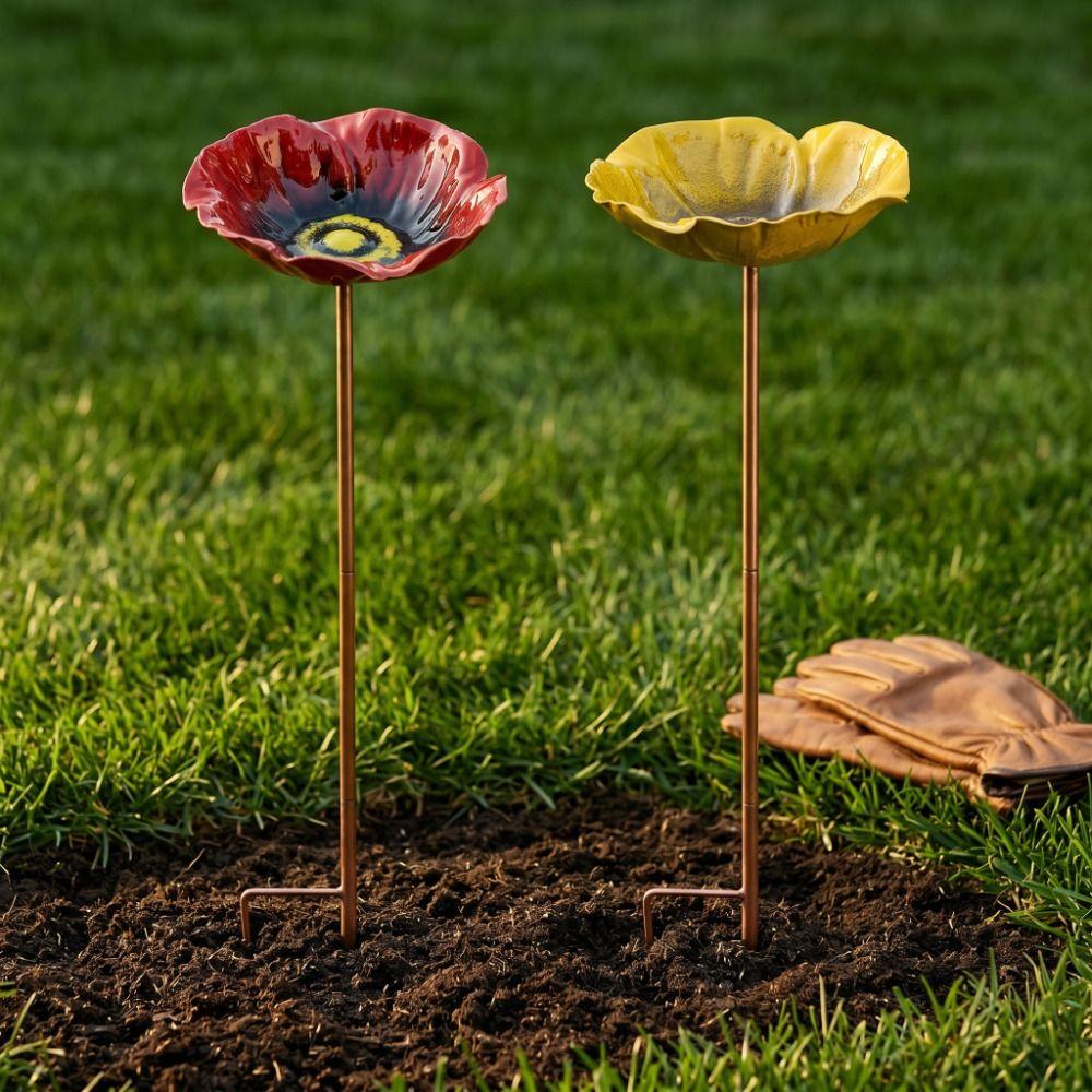 Metal Bird Bath Stand Ground Insert Flower Shaped Bee Butterfly Watering Station Colorful Iron Art Bird Water Dispenser