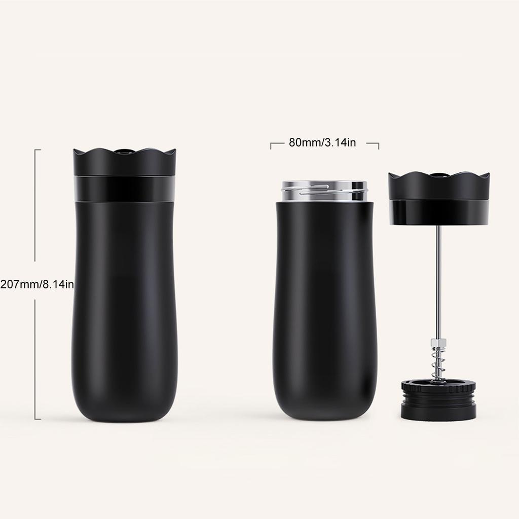 Cafeteira Prensa Francesa Portátil, Copo Térmico de Aço Inoxidável 304 Isolado de 320ml com Tampa de Travamento à Prova de Vazamento, 8 Horas