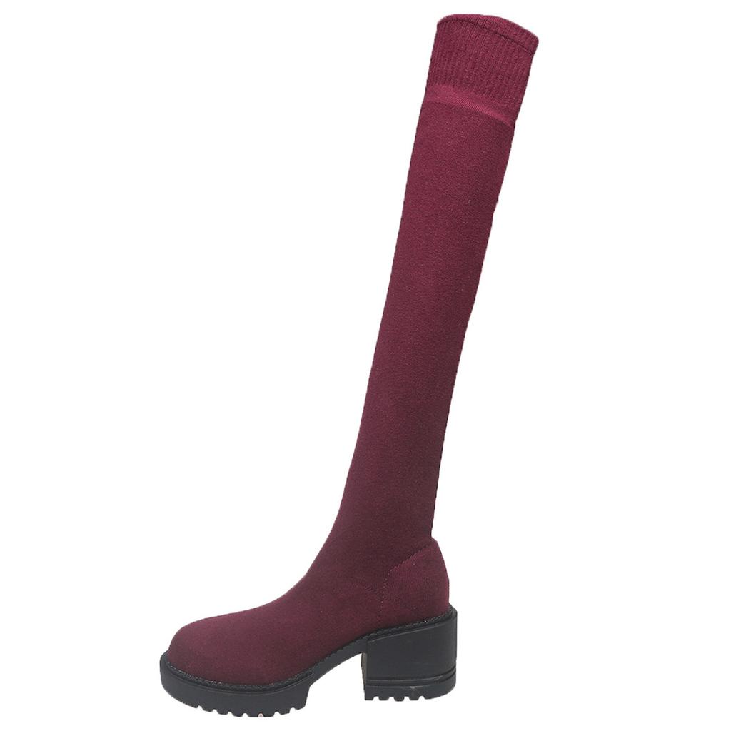 Winter Round Head Fly-Woven Thin Knee Boots Large Size Thick-Soled Medium Heel Elastic Thin Boots Women