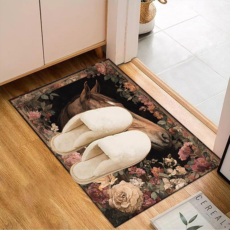 1PC Custom Name Horse Portrait Flowers Theme Floor Mat Ideal for Living Room, Game Rooms, Office, Bedroom Floor Mat Playful Design