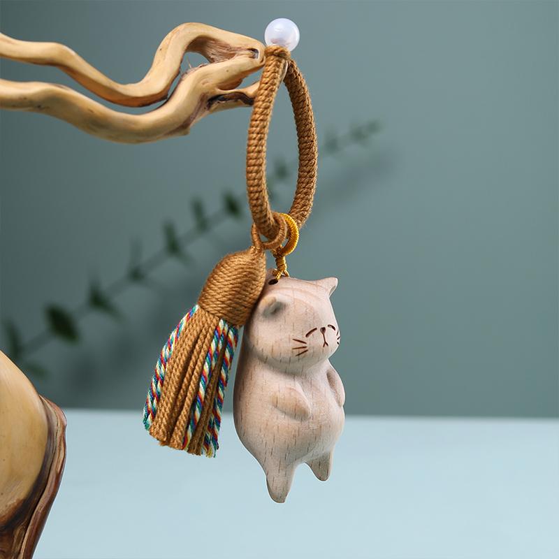 1PC Fortune Cat Pendant Bags Handmade Wooden Gifts Animal Pet Lovers Window Hanging Decoration Car Keys Wood Art Cute Phones