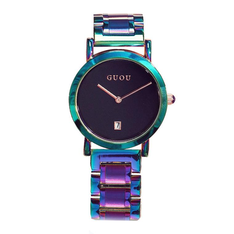 Relógio Feminino de Banda de Aço Relógio Feminino Personalizado de Cor Relógio Simples de Banda Calendário Mostrador de Quartzo Relógio de Aço Colorido para Mulheres