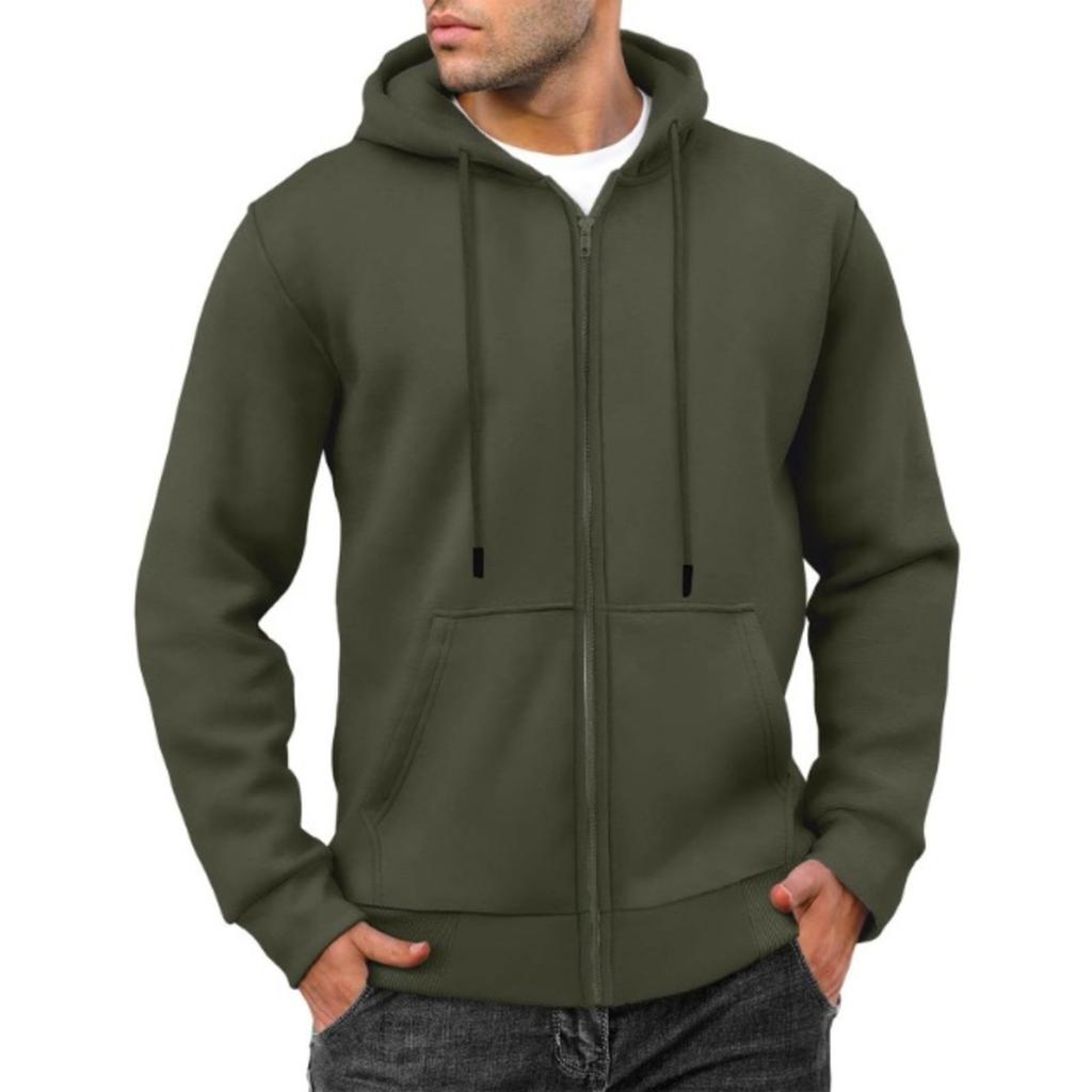 Men's Casual Loose Color Zippered Fleece Hooded Sweatshirt Sports Jacket