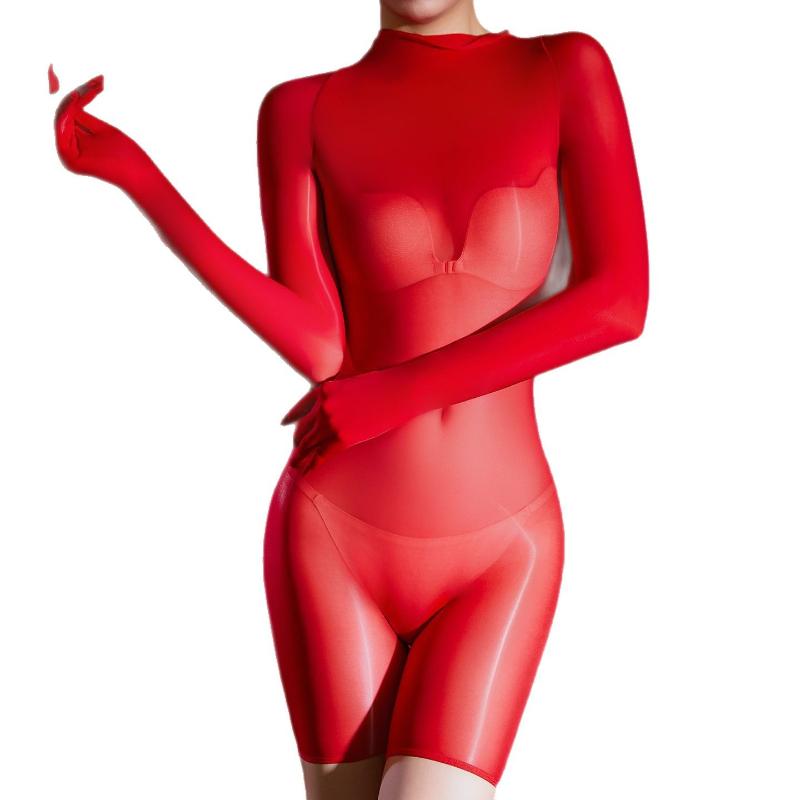 Women Sexy Bodysuit With Boxers Five Finger Gloves Oil Shiny Glossy Mirror Silky High Elastic Open Crotch Seamless Jumpsuit