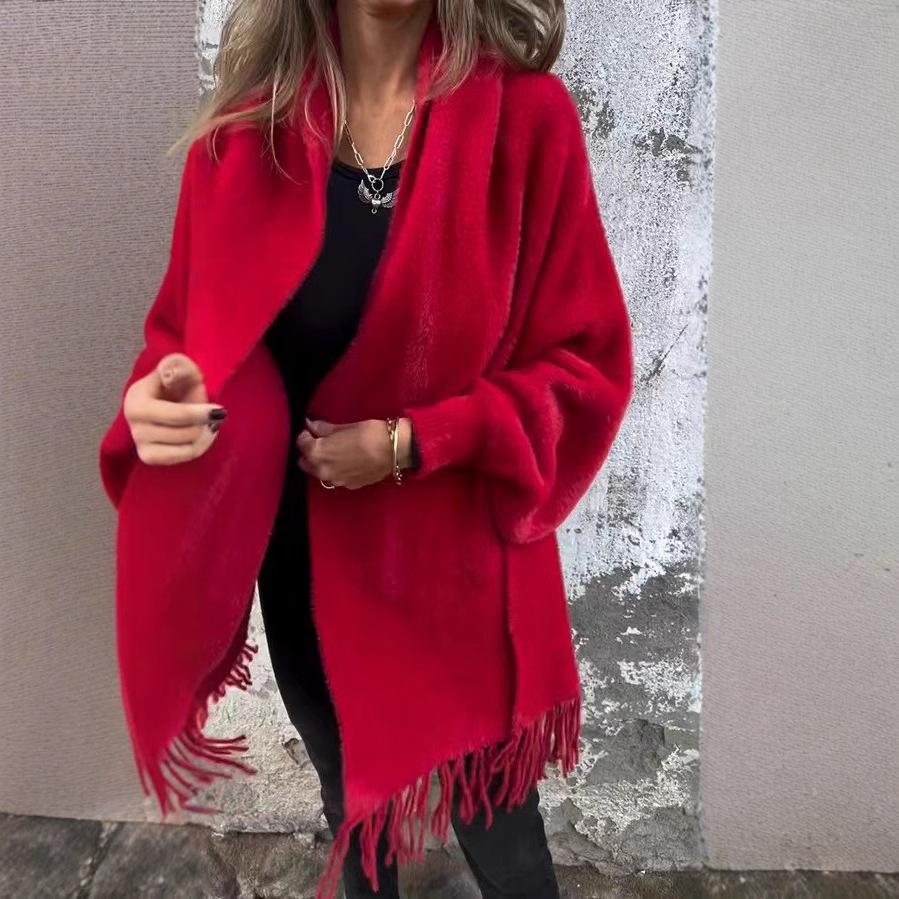 2025 Women's Imitation Mink Velvet Tassel Shawl Cloak - Solid Color, Thickened & Warm