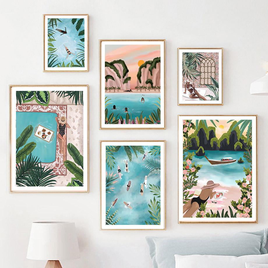 Boho Abstract Girl Lake Birds Leaf Illustration Wall Art Canvas Painting Nordic Poster And Prints Pictures For Living Room Decor