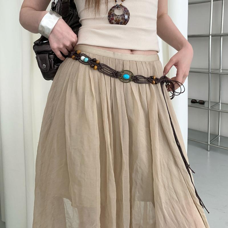 Boho Ethnic Style Beaded Waist Rope High-Quality Braided Belt For Dresses Skirts, Adjustable Waistband For Beach & Casual Outfit