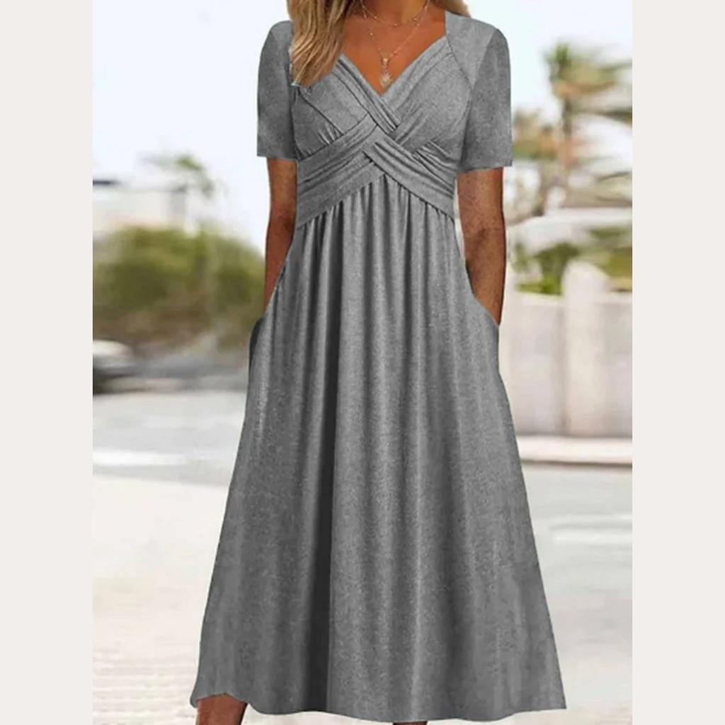 Spring and Autumn Women's Fashion Solid Color V-neck Short-sleeved Pocket Dress Women's Clothing