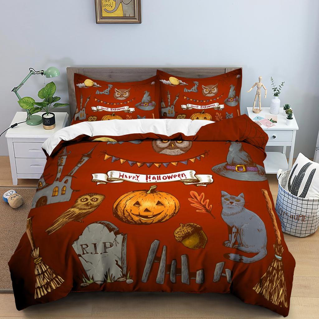 Halloween Duvet Cover Set Bats Pumpkin Polyester Comforter Cover with Pillowcase Queen King Size Bedding Set 3D Print Bedclothes