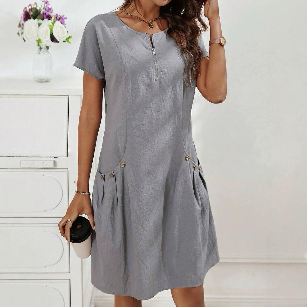 New European and American women's clothing pure cotton cotton and linen pocket zipper collar short-sleeved button dress