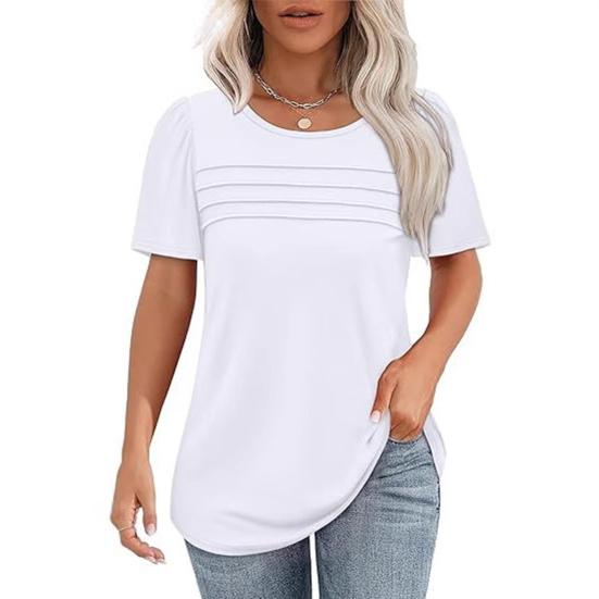 Women Summer T-shirt Round Neck Short Sleeve Tee Shirt Solid Color Lines Texture Loose Fit Pullover Tops Daily Wear