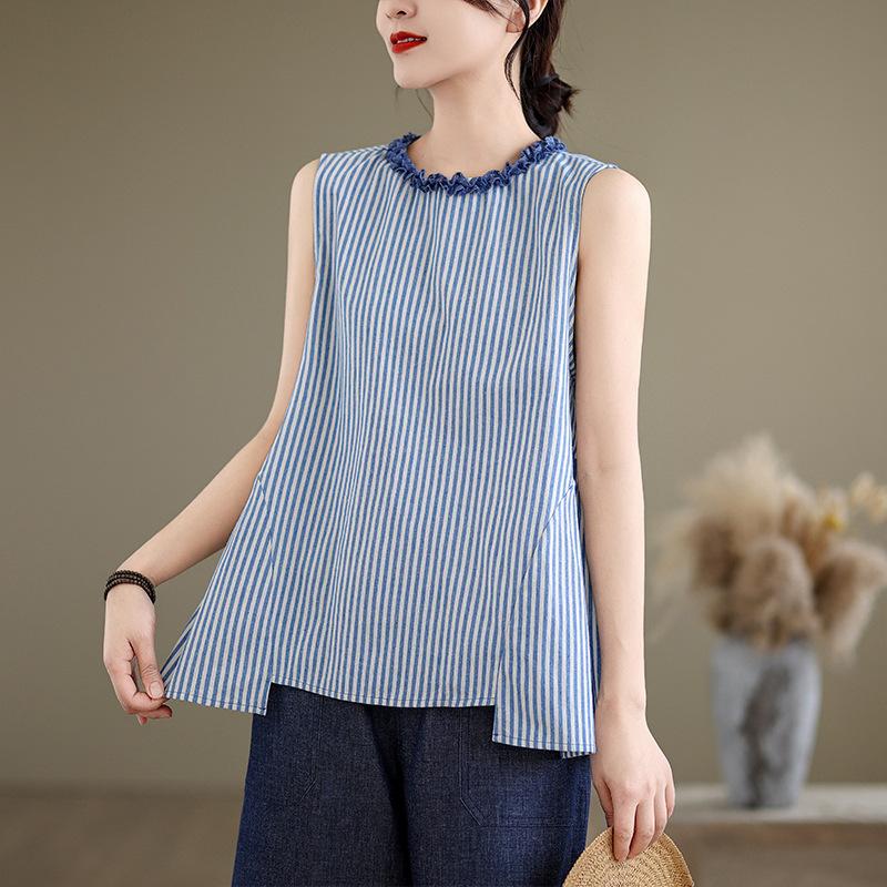 Summer Art Retro Loose Striped Sleeveless Shirt Top for Women Blouses & Shirts