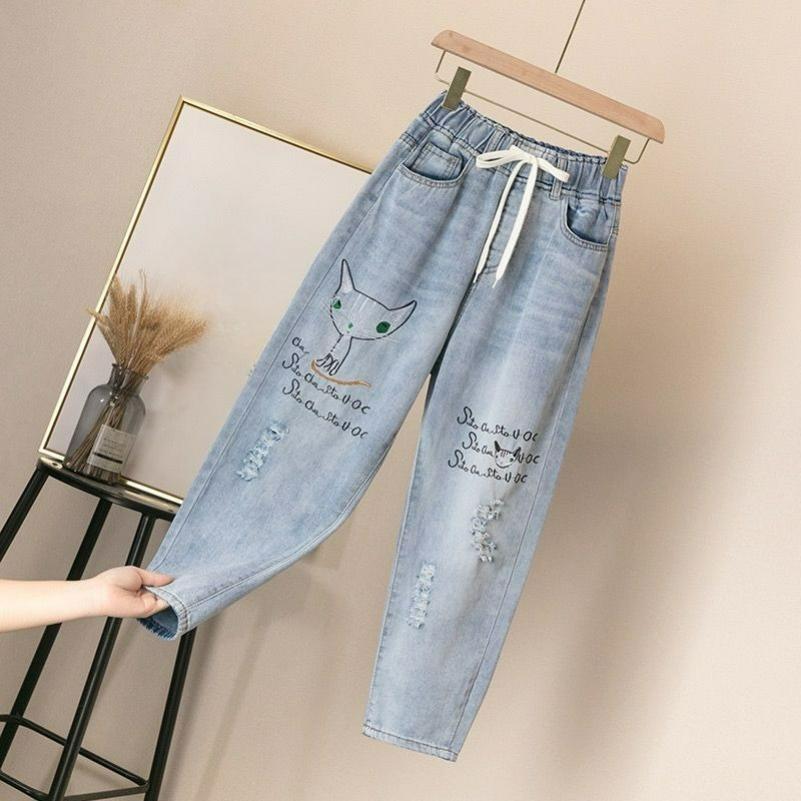 Embroidered Jeans Women's Loose Straight Elastic Waist College Style Retro Literary Trousers Spring and Autumn Nine-point Pants