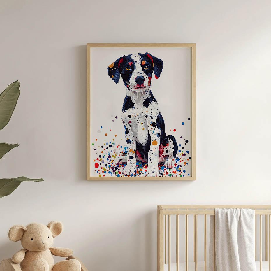 Plakat Z Psem W Kolorowej Mozaice Plakat Z Psem W Kolorowej Mozaice, 30X40 Cm, Rama Drewniana Biała, Papier Matowy 230 Gsm