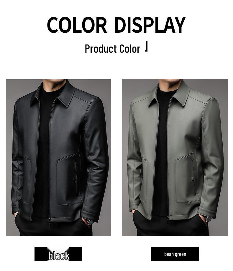 Pánská kožená bunda z ovčí kůže s límečkem pro střední věk - Neformální motorkářské svrchní oblečení ve stylu "táta" s podšívkou z plyše