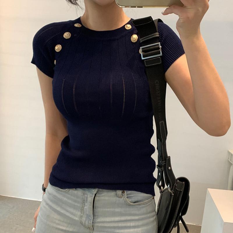 

LJSXLS тонкий вязаный джемпер женский свитер летние с круглым вырезом повседневные свитера на пуговицах женские однотонные элегантные топы с короткими рукавами Femme M чёрный