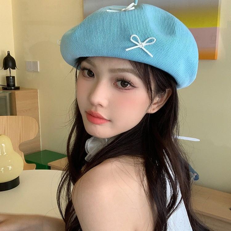 Cute And Sweet Korean Style Beret Hat For Women With Bow And Embroidery For Spring