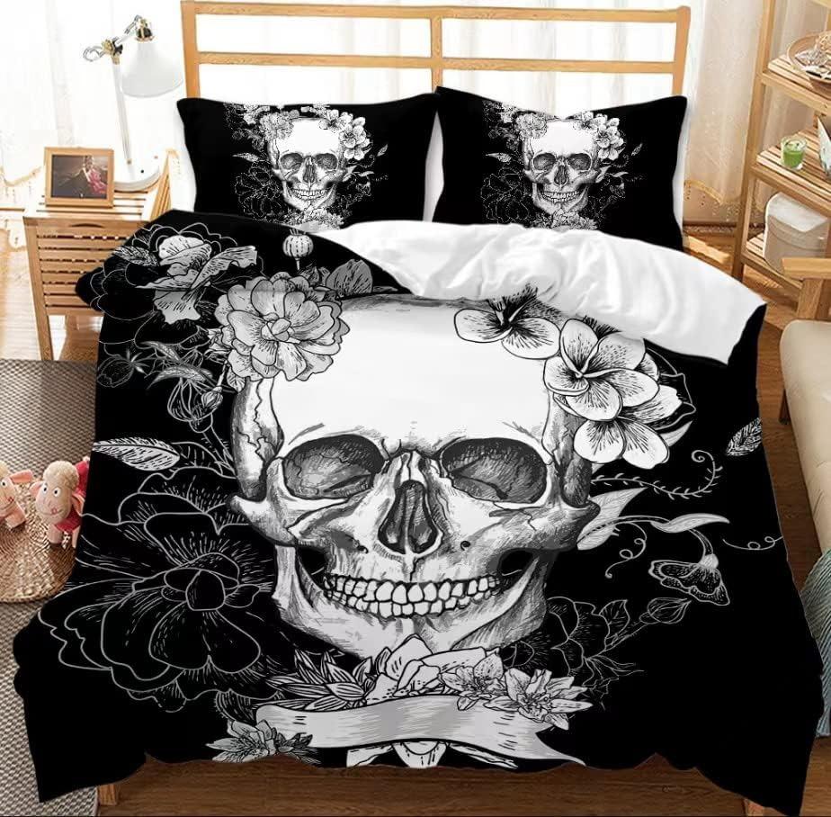 3D printed fashionable boutique skull and rose super soft ultra-fine fiber bed sheet set, children and adults full-size with zip