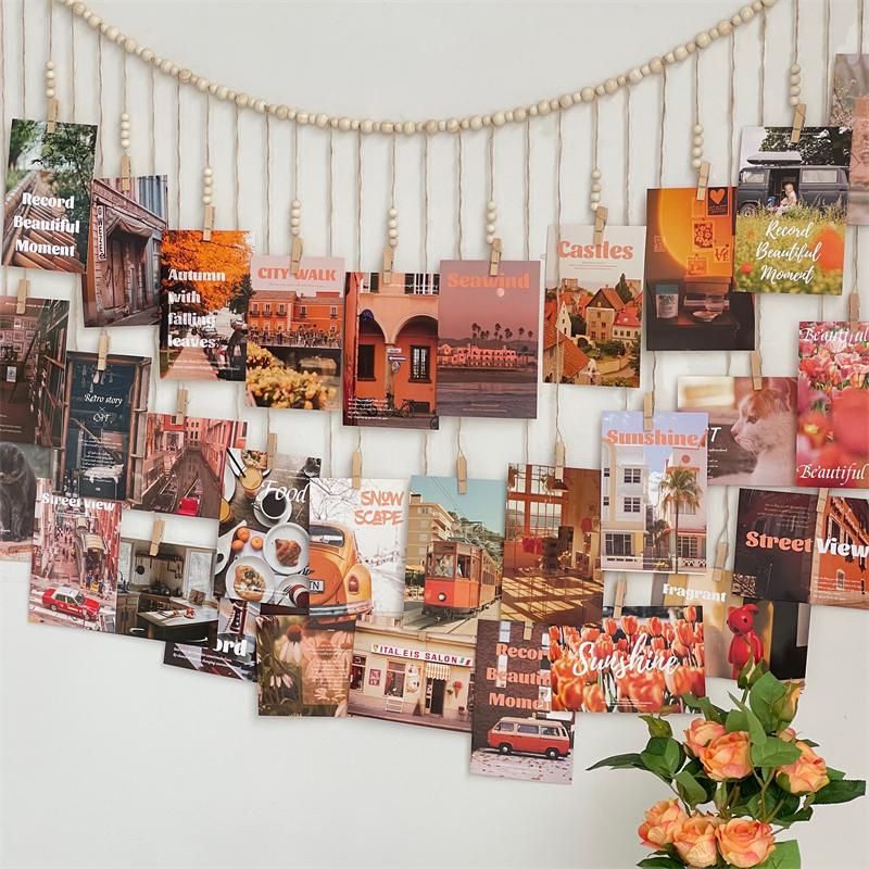 Home Decoration Photo Wall Wooden Beads Hemp Rope Clip Wall Hanging Living Room Background Decor Wall Photo Storage Display Clip