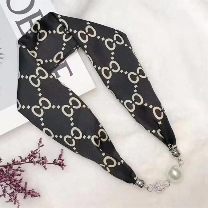 Live Season Magnet Buckle Silk Scarf Women'S Pearl Necklace Long Silk Scarf Headband Decorative Small Scarf