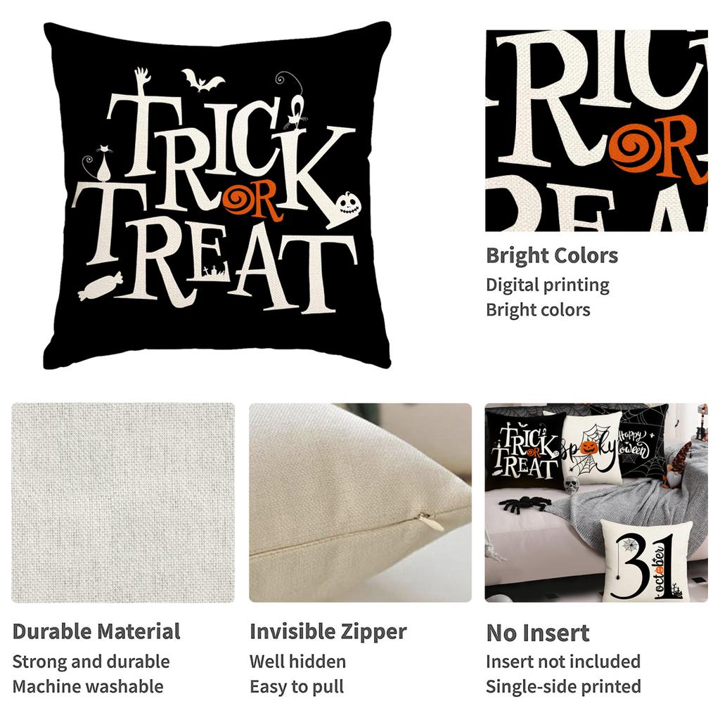 1Pc/4Pcs Halloween Pillow Cover, Trick Or Treat Decorative Pillow Cover, Black Spider Web, Pumpkin Head, Ghost Cushion Cover