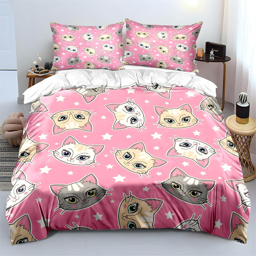 Cartoon Cat Heads Pink Background Bedding Set For Kids Luxury Gift 3Pcs Digital Print Comforter Set Soft Comfortable Breathable