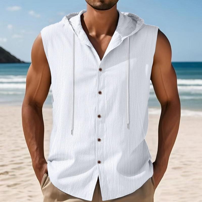 Men Sleeveless Hooded Button Down Linen Blend Shirt