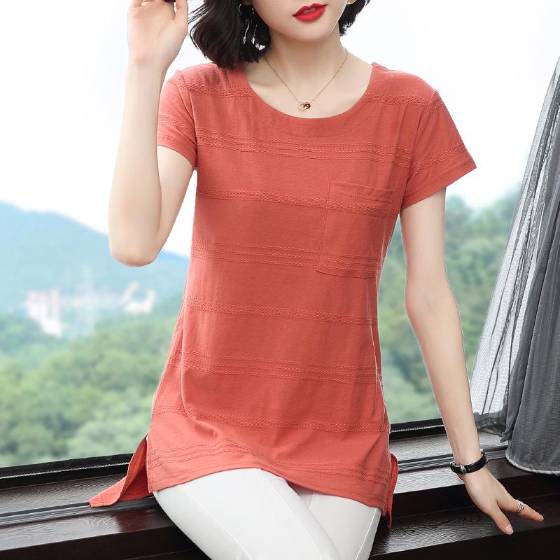 

Женская летняя 2022 футболка свободного кроя средней длины с круглым вырезом и карманом - Большой размер повседневная с коротким рукавом для мамы Medium мандариновый
