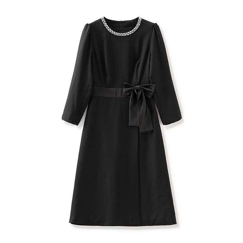 Autumn Rhinestone Waist-Gathering Bow Bodycon Dress