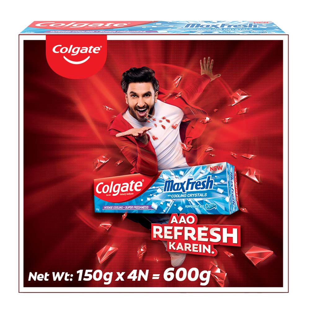 Colgate MaxFresh Breath Freshener Toothpaste, 600g (150g X 4), Peppermint Ice, Blue Gel Paste with Menthol, Cooling Crystals for Bad Breath Control