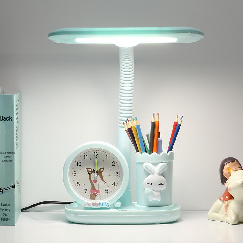 Children's Study Desk Lamp with Eye Protection, Clock, Pen Holder, and Large Light Source