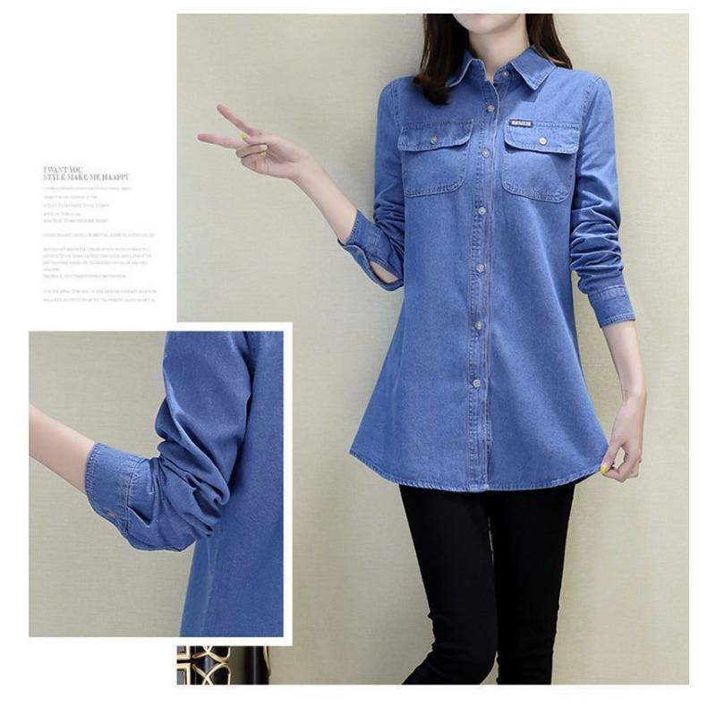 Damen Koreanischer Stil Locker Langarm Denimhemd Lässig Arbeits-Oberbekleidung