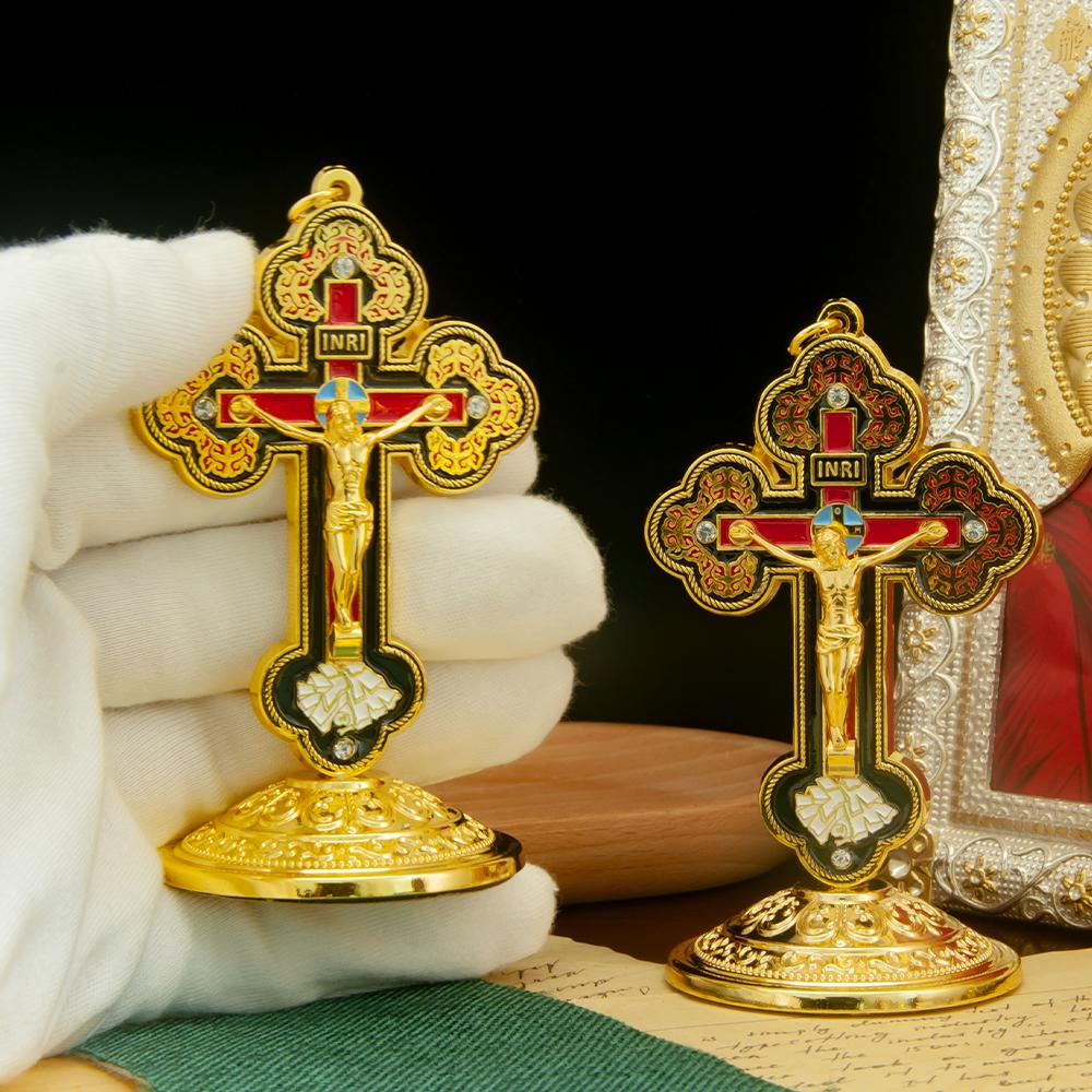 HT Gold Plated Jesus Crucifix Statue Cross Religion Metal Craft Prayer Gift Home Car Table Cross