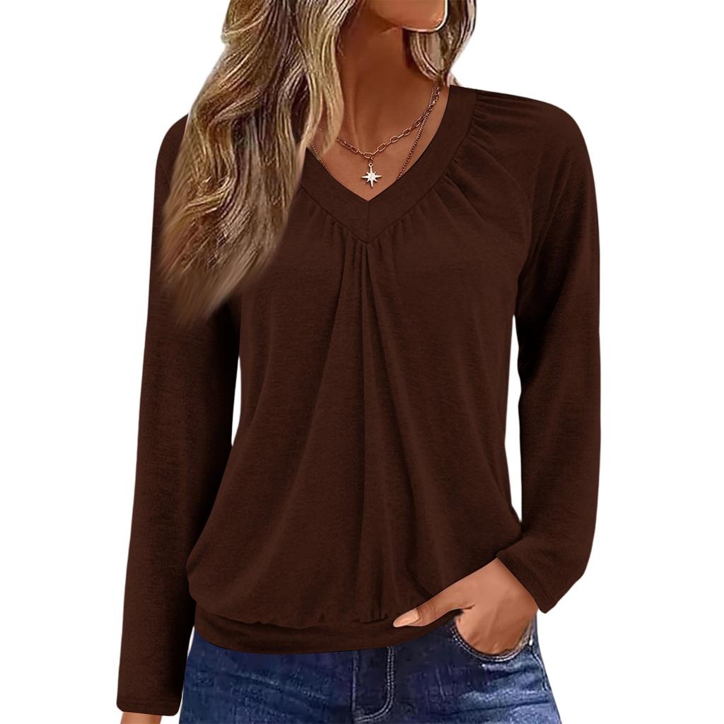 Women's Casual Fashion V-Neck Raglan Pleated Color Long Sleeve Top