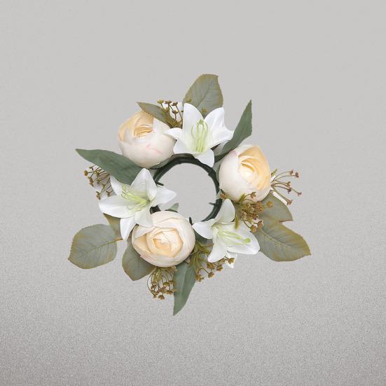 Mini Artificial Wreath Candle Ring Realistic Faux Lily Rose Garland with Plastic Base Candle Wine Decoration Weddings Party Dining Table Centerpiece