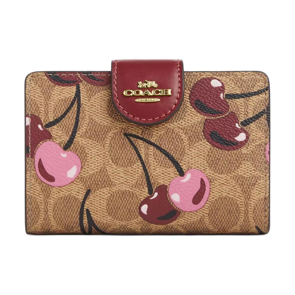 Coach 13-Eck-Reißverschluss Ikonisches Kirschen-Print Leder-Portemonnaie Damen-Portemonnaie Hellbraun Mehrfarbig CZ342-IMTAM